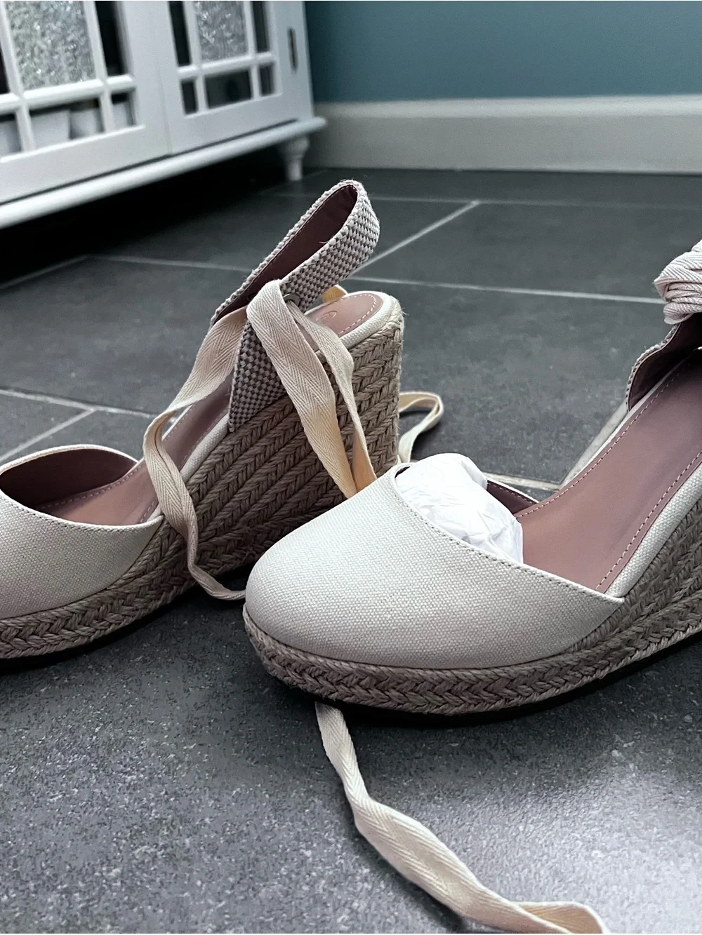 Lace-Up Espadrille Wedge Heels in Cream